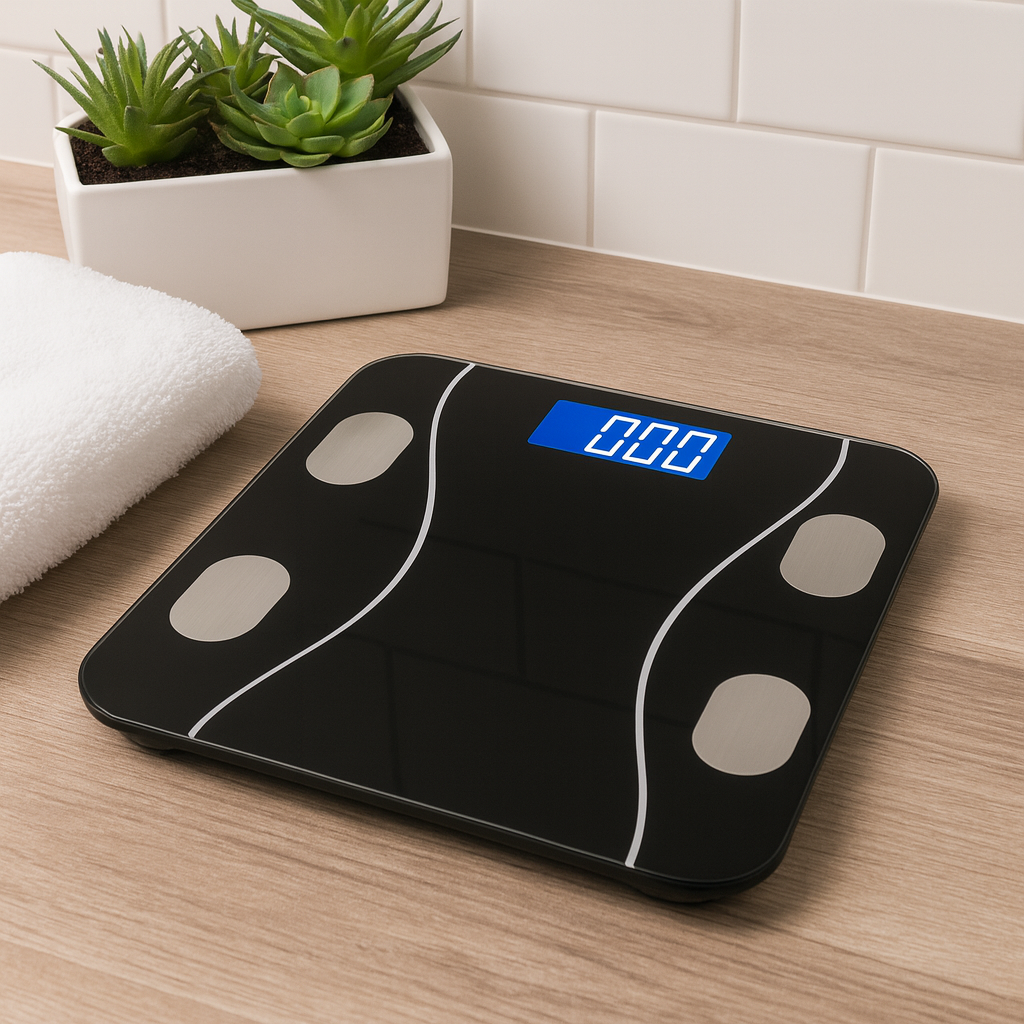 Best Smart Bathroom Scale placed in a modern bathroom – stylish digital smart scale with body fat sensors and bright LED display.
