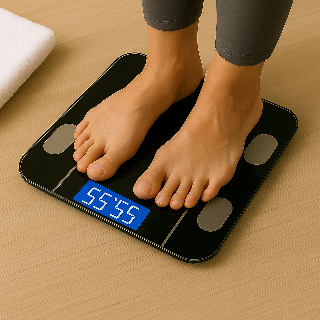 Best Smart Bathroom Scale in use – person standing on digital smart scale with body fat and BMI tracking for accurate home health monitoring.