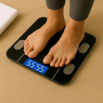 Best Smart Bathroom Scale in use – person standing on digital smart scale with body fat and BMI tracking for accurate home health monitoring.