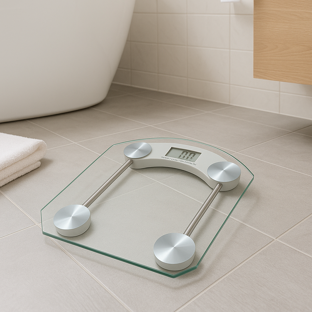 Precision Digital Bathroom Scale placed in a modern bathroom – stylish glass design with accurate digital weight tracking.