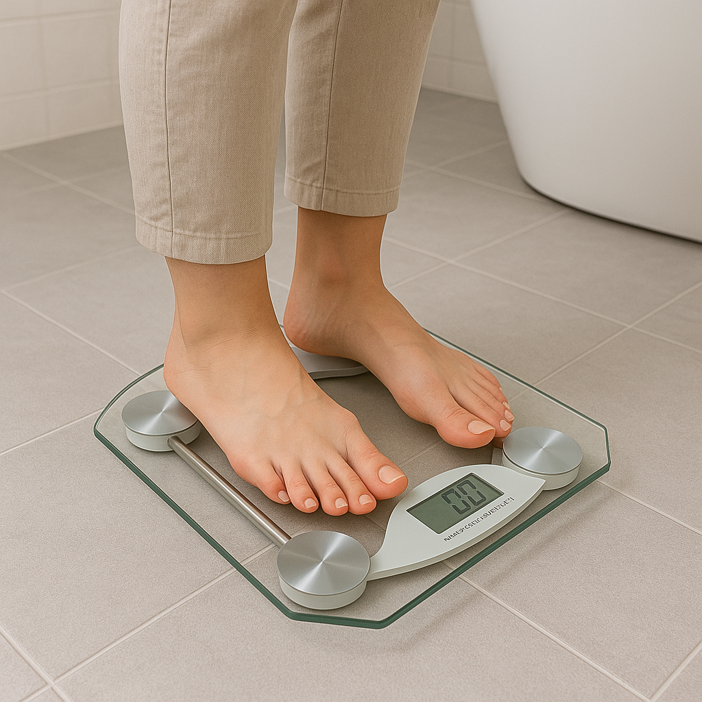 Precision Digital Bathroom Scale in use – person standing on glass digital scale with LCD display showing accurate weight measurement.